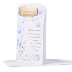 First Holy Communion Greetings Card - Blue Flowers Balloons Gold Foil 8.75x4" First Holy Communion Greetings Card - Blue Flowers Balloons Gold Foil 8.75x4"