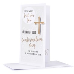 Confirmation Day Greetings Card - Gold Metallic Foil Cross 9"x4.75"