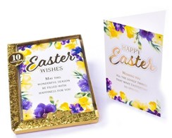 Pack of 10 Mixed Easter Cards 2 Designs - Purple Yellow Flowers with Gold Foil