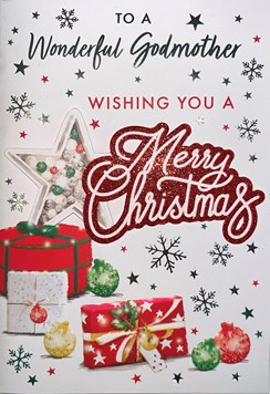 Godmother Christmas Card - Presents Baubles 3d Red Glitter Silver Foil 7.5x5.25" Godmother Christmas Card - Presents Baubles 3d Red Glitter Silver Foil 7.5x5.25"