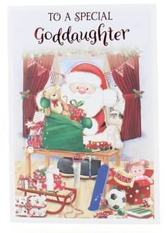 Goddaughter Christmas Card - 3D Santa in Workshop with Red Foil 7.5x5.25" Goddaughter Christmas Card - 3D Santa in Workshop with Red Foil 7.5x5.25"