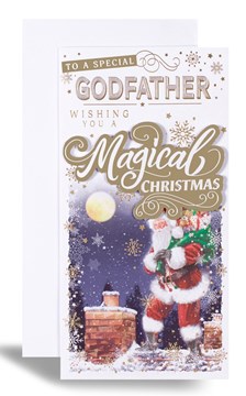 Godfather Christmas Card - Santa on Roof with Gold Foil 9x4.75" Godfather Christmas Card - Santa on Roof with Gold Foil 9x4.75"