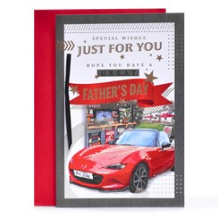 Father's Day Card - Red Sports Car with Black Ribbon and Gold Foil 9x6"
