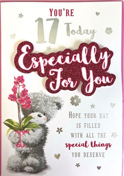 Age 17 Card 17th Birthday Bear & Orchid Pink Glitter Silver Foil 7.5x5.25"