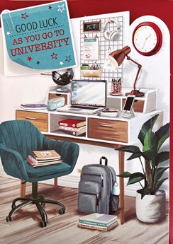 Good Luck at University Card - Shaped Edges with Desk & Red Foil 7.75" x 5.25"