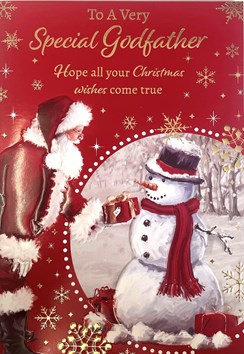 Godfather Christmas Card - Traditional Santa and Snowman Gold Foil 7.5x5.25"