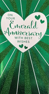 Emerald 55th Wedding Anniversary Card - White Heart Green Glitter Foil 8.75x4"