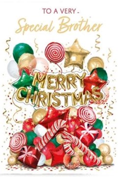 Brother Christmas Card - Merry Christmas Balloons Candy Canes Gold Foil 7.5x5"