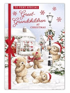 Great Grandchildren Christmas Card - Santa Bears Snowball Fight Foil 7.5x5.25