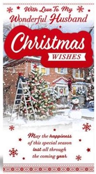 Husband Christmas Card - Decorated House in Snow with Red Foil 9x4.75" Husband Christmas Card - Decorated House in Snow with Red Foil 9x4.75"