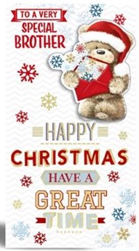 Brother Christmas Card - Cute Santa Bear Snowflakes and Red Gold Foil 9x4.75"