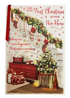 First Christmas In Your New Home Card - Stockings on Staircase Ribbon Foil 9x6"