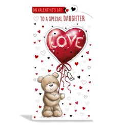 Daughter Valentine's Day Card Bear and 3D Heart Balloon with Red Foil 9x4.75"