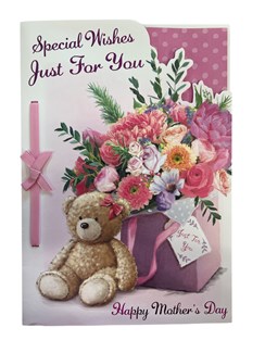 Open Mother's Day Greetings Card - Flowers & Teddy Bear 9.75" x 6.75"