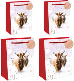 Set of 4 Christmas Gift Bags - Medium and Large Highland Cows and Gold Foil