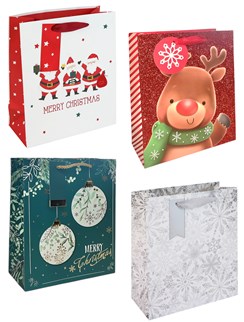 Set of 4 Medium Christmas Gift Bags Handle & Tags Mixed Cute Traditional Designs Set of 4 Medium Christmas Gift Bags Handle & Tags Mixed Cute Traditional Designs