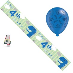 Age 4 Boy Birthday Party Pack - 4th Banner, Balloons, Number Candle