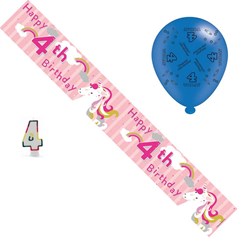 Age 4 Girl Birthday Party Pack - 4th Banner, Balloons, Number Candle