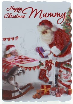 Mummy Christmas Card - Glitter Santa Delivering Gifts To Bed 7.5" x 5.25"