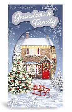 Grandson & Family Christmas Card - Decorated House Xmas Tree in Snow & Foil 9x4