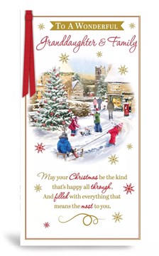 Granddaughter & Family Christmas Card - Village with Children Sledging 9x4.75"