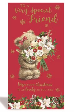 Friend Christmas Card - Bear with Red White Flowers Ribbon & Gold Foil 9x4.75"