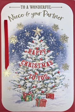 Niece & Partner Christmas Card - Xmas Tree in Snow Red Ribbon & Silver Foil 9x6"
