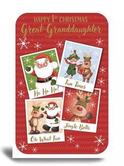 Great Granddaughter 1st Christmas Card - Santa & Friends in Squares Foil 9x6"