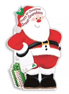 Great Grandson 1st Christmas Card - Shaped Santa Claus & Letter Red Foil 9x6"