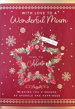 Mum Christmas Card - Star Outline with Holly and Snowflakes Gold Foil 9.75x6.8"