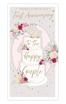 First 1st Wedding Anniversary Card - Cake Flowers and Hearts with Foil 9x4.75"
