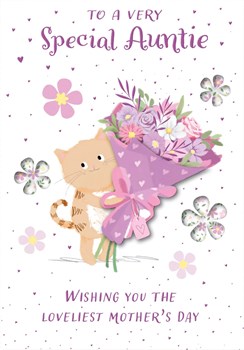 Auntie Mother's Day Card - Cute Cat with Bunch Flowers & Lilac Foil 7.75x5.25"
