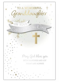 Granddaughter Confirmation Day Card - Silver Foil Banner & Gold Foil Cross 9x6"