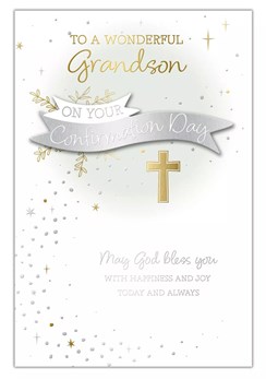 Grandson Confirmation Day Card - Silver Foil Banner & Gold Foil Cross 9x6"