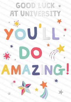 Good Luck at University Card - White Multicolour Writing Stars & Foil 7.75x5.25"