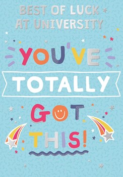 Good Luck at University Card - Green Multicolour Writing Stars & Foil 7.75x5.25"