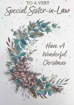 Sister-in-Law Christmas Card - White with Pine Cone Sprig & Gold Foil 7.5x5.25"