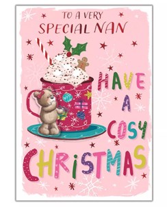 Nan Christmas Card - Pink with 3d Attached Bear Red Mug and Foil 7.5x5.25" Nan Christmas Card - Pink with 3d Attached Bear Red Mug and Foil 7.5x5.25"
