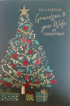 Grandson & Wife Christmas Card - Dark Green with Gold Foil Xmas Tree Star 9x6