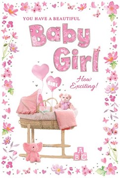 Birth of New Baby Girl Card - Pink Moses Basket Flower Border & Foil 7.75x5.25"
