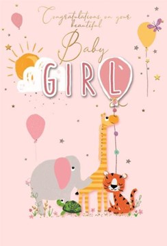 Birth Of Baby Girl Card - Jungle Animals with Balloons and Gold Foil 7.75x5.25" Birth Of Baby Girl Card - Jungle Animals with Balloons and Gold Foil 7.75x5.25"