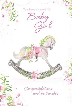 Birth Of Baby Girl Greetings Card - Rocking Horse Flowers and Glitter 7.75x5.25"