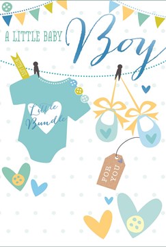 Birth Of Baby Boy Greetings Card - Blue Baby Grow, Shoes & Hearts 7.75" x 5.25"