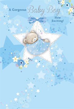 Birth of New Baby Boy Card - White Star with Teddy in Blue Hammock 7.75x5.25" Birth of New Baby Boy Card - White Star with Teddy in Blue Hammock 7.75x5.25"