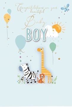 Birth Of Baby Boy Greetings Card - Animals With Balloons & Gold Foil  7.75x5.25"