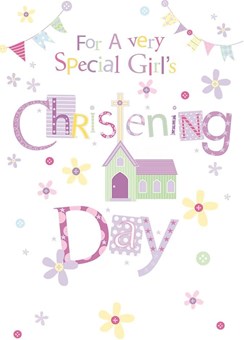 Girl Christening Day Card - Pink & Lilac Church Bunting & Flowers 7.75x5.25"