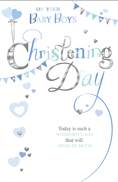 Baby Boy Christening Day Card - Blue Hearts Bunting and Silver Foil 7.75x5.25"