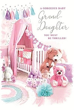 New Baby Granddaughter Card- Cot in Pink & Lilac Nursery Silver Foil 7.5x5.2"
