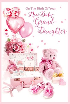 New Baby Granddaughter Greetings Card- Pink Balloons Bear Shoes & Roses 7.5x5.2"