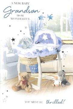 Greetings New Baby Grandson Card - Blue Moses Basket with Silver Foil 7.75x5.25"